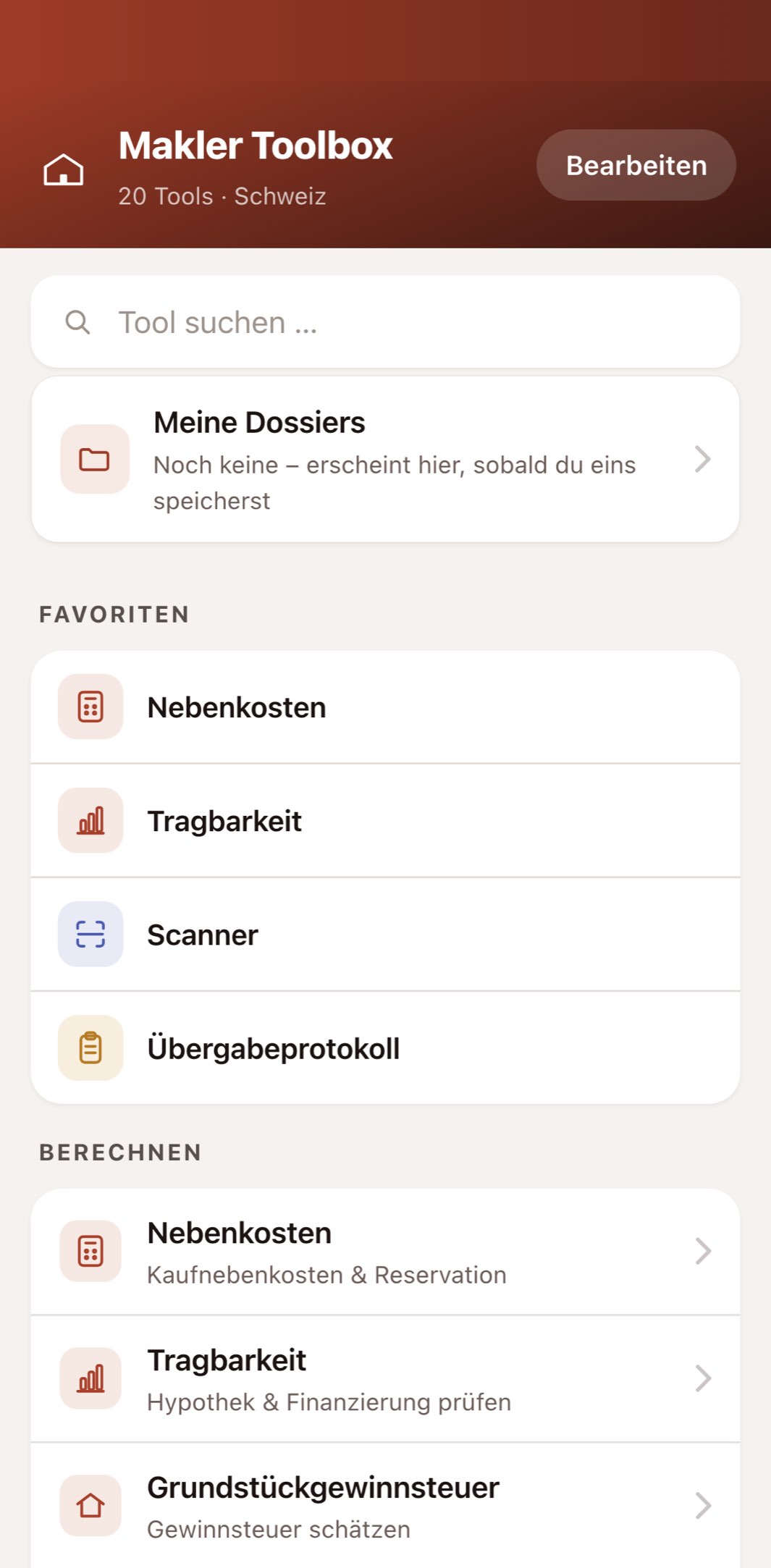 Der Startbildschirm der Makler Toolbox auf dem iPhone – Suche, Favoriten und alle 20 Werkzeuge nach Kategorien