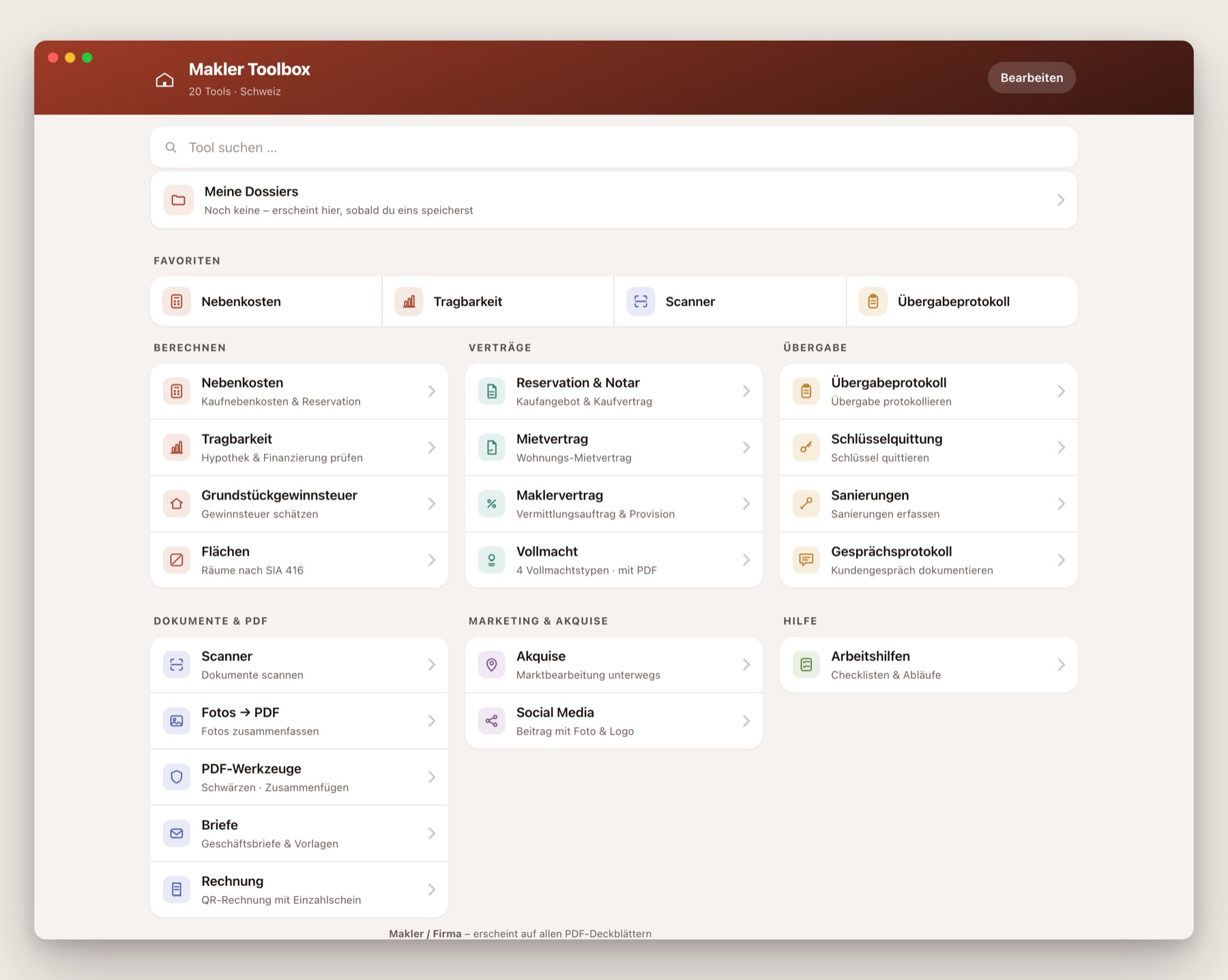 Der Startbildschirm der Makler Toolbox mit allen 20 Werkzeugen