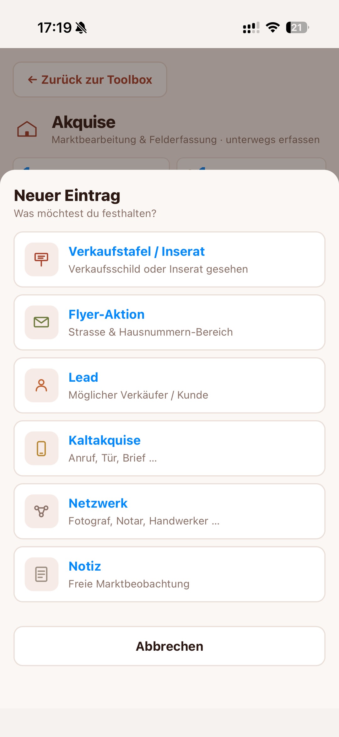 Akquise auf dem iPhone in der Makler Toolbox