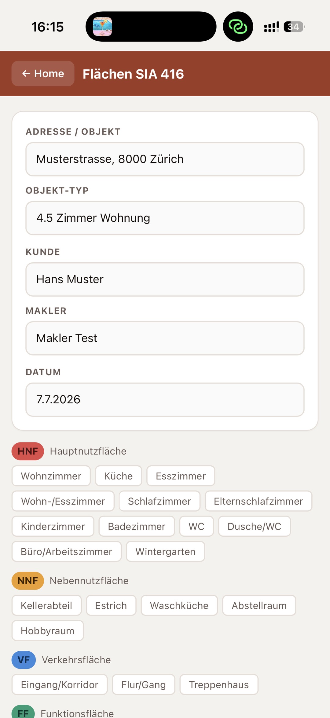 Flächen auf dem iPhone in der Makler Toolbox