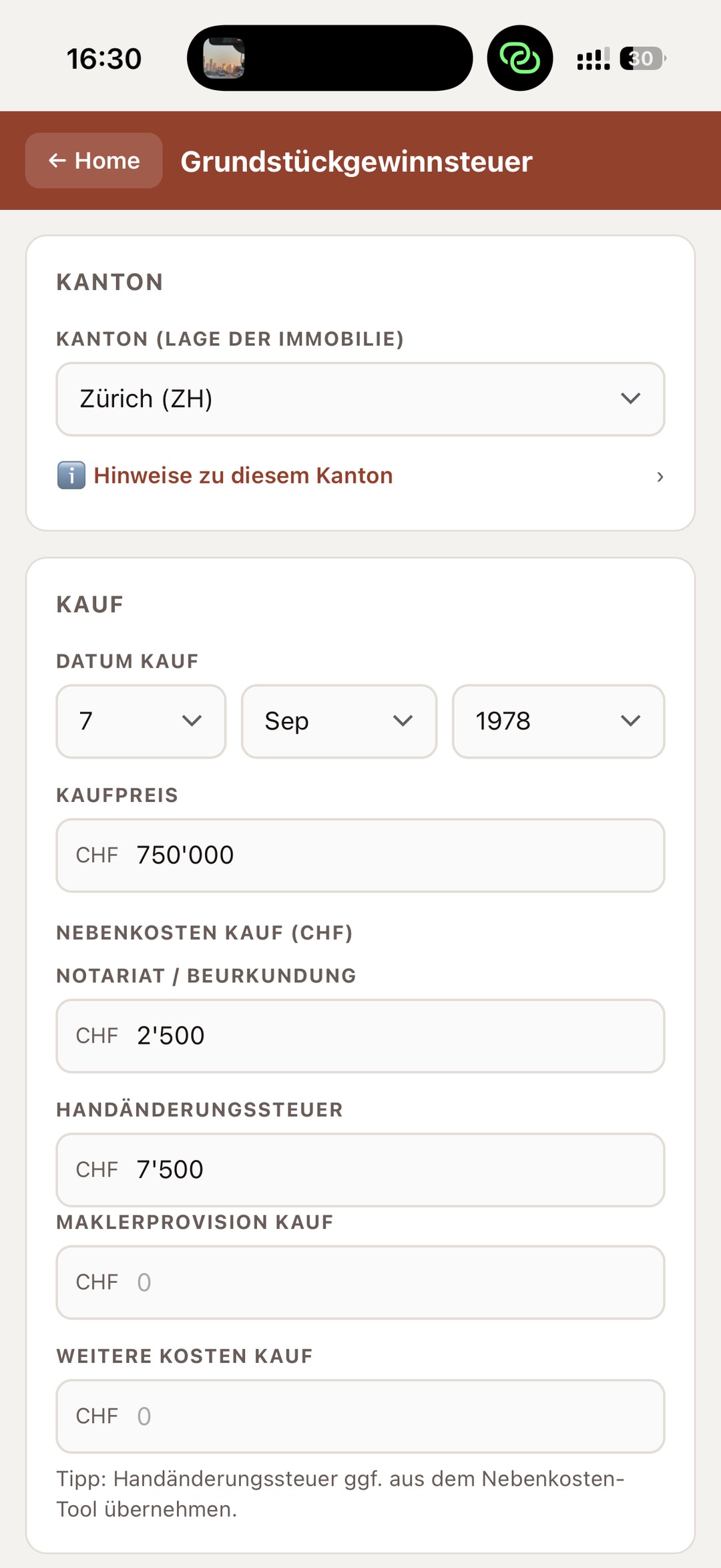 Grundstückgewinnsteuer auf dem iPhone in der Makler Toolbox