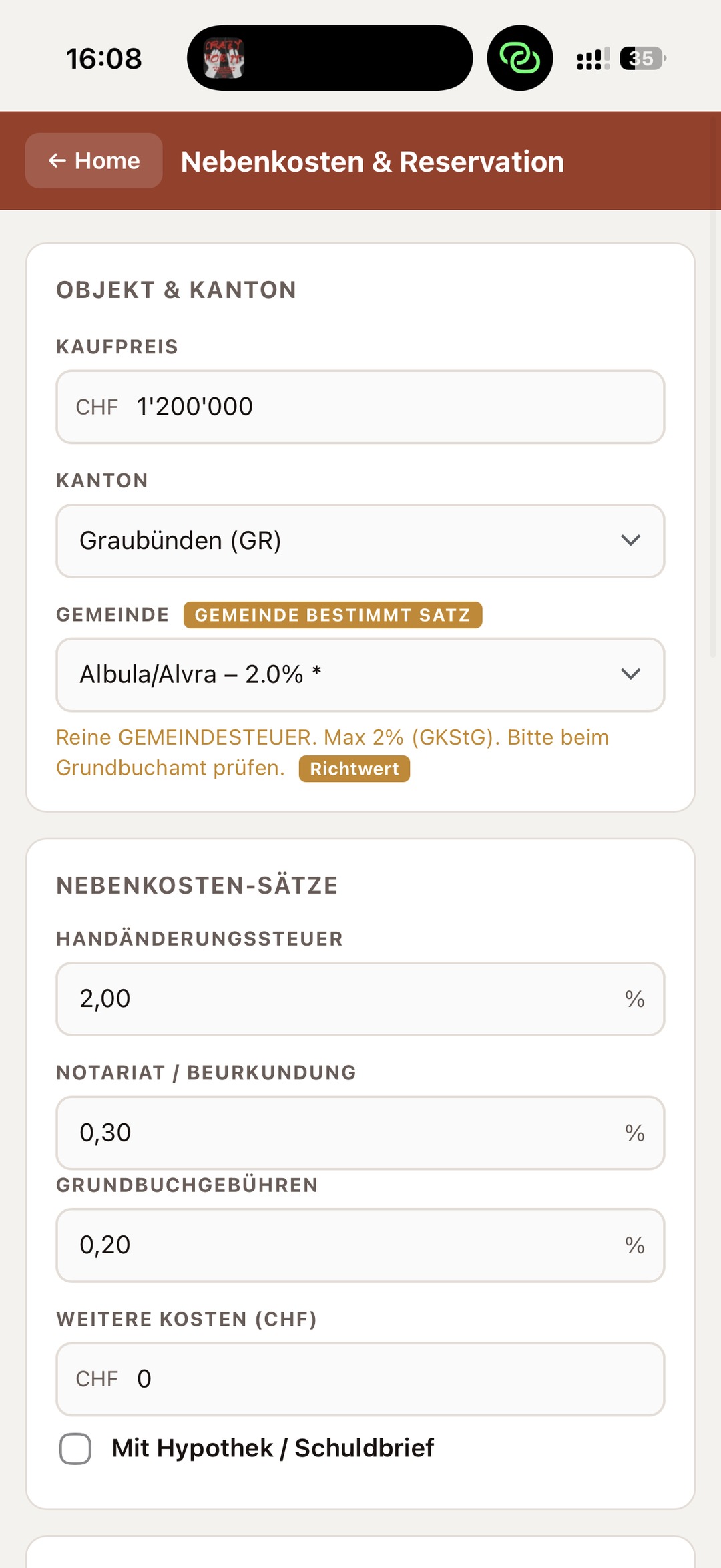 Kaufnebenkosten auf dem iPhone in der Makler Toolbox