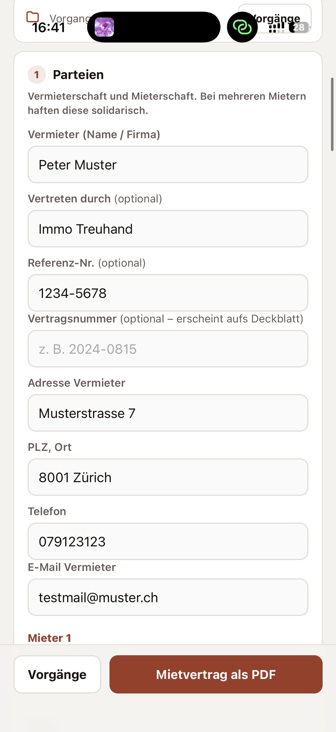 Mietvertrag auf dem iPhone in der Makler Toolbox