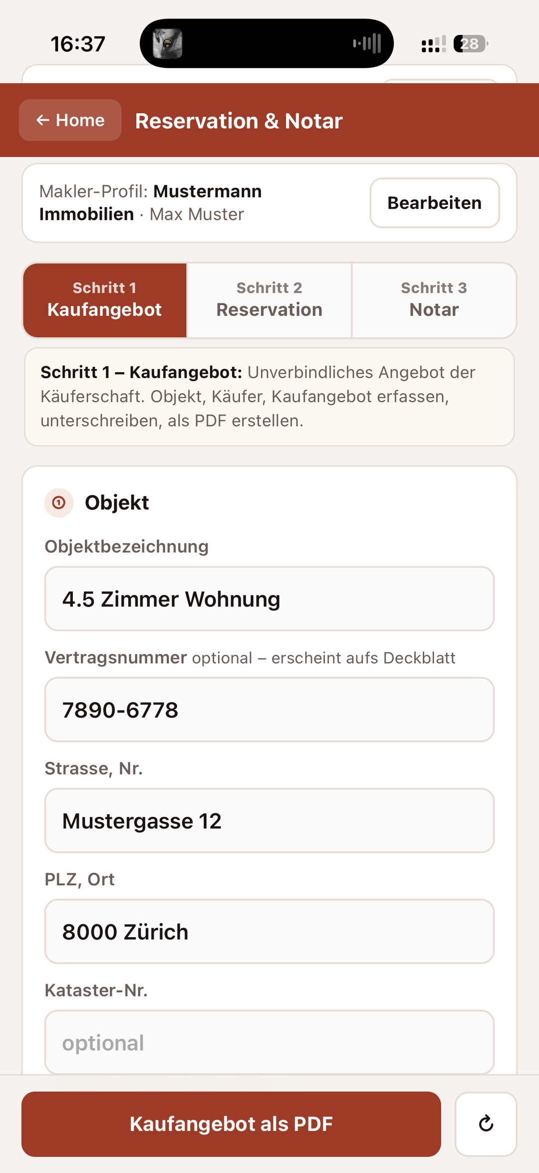 Reservation & Notar auf dem iPhone in der Makler Toolbox