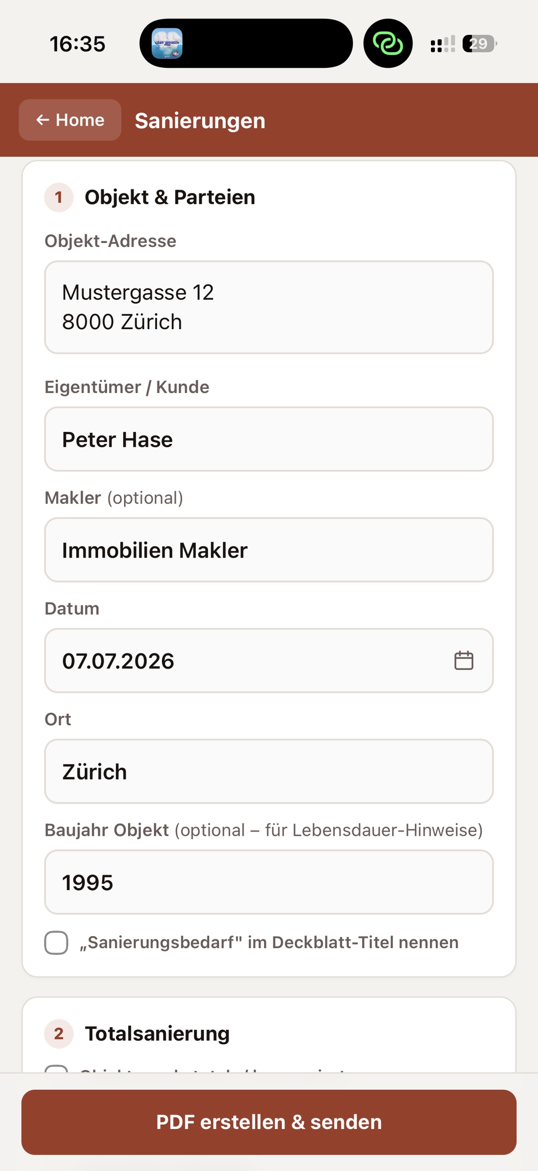 Sanierungen auf dem iPhone in der Makler Toolbox