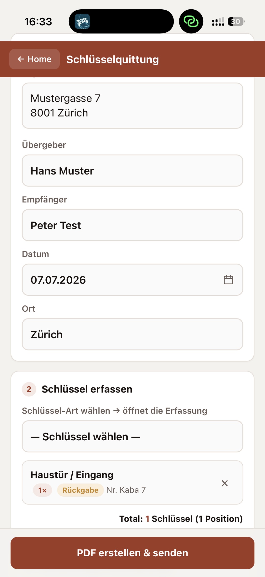 Schlüsselquittung auf dem iPhone in der Makler Toolbox